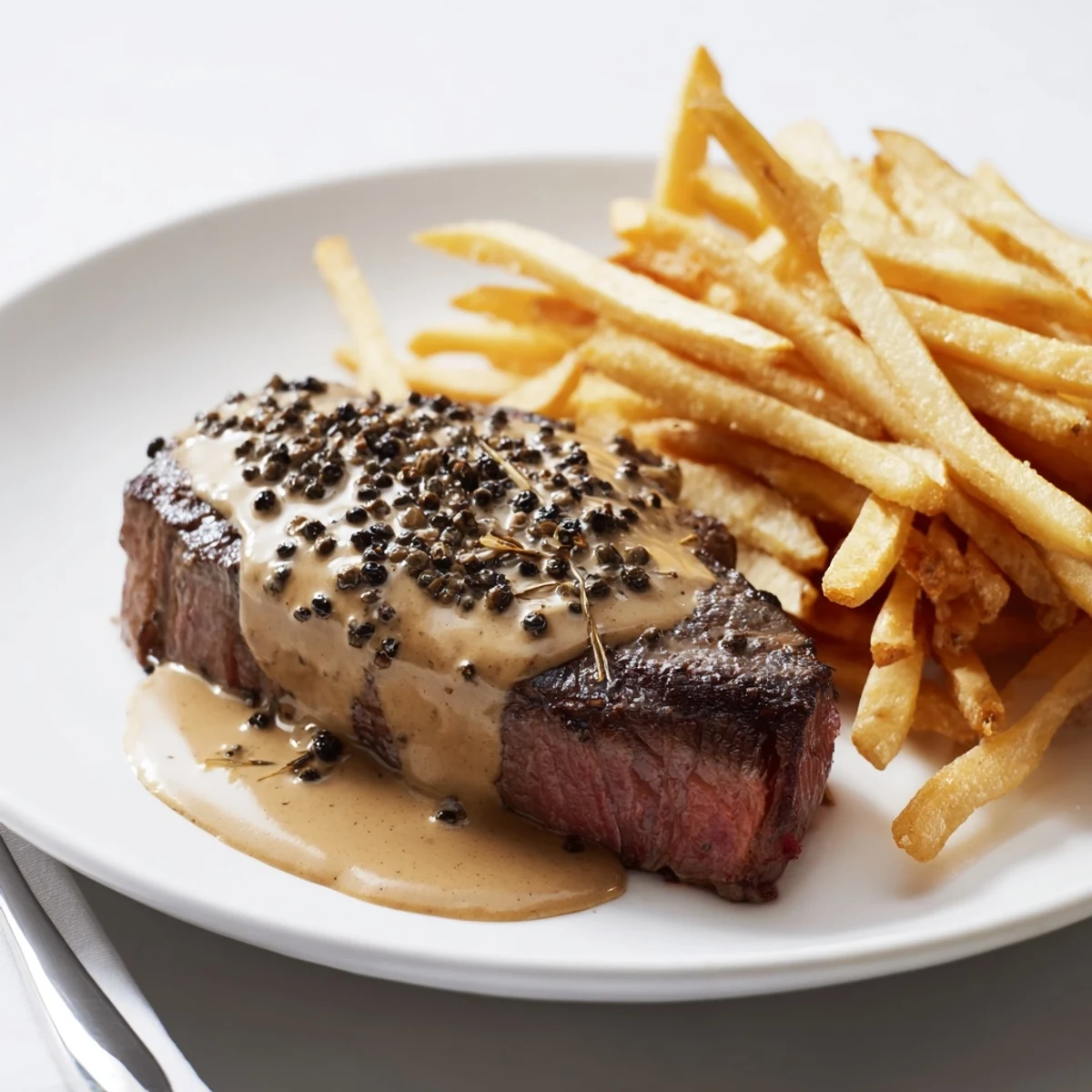Savory classic peppercorn ribeye accompanied by perfectly fried, crispy potatoes for indulgence.