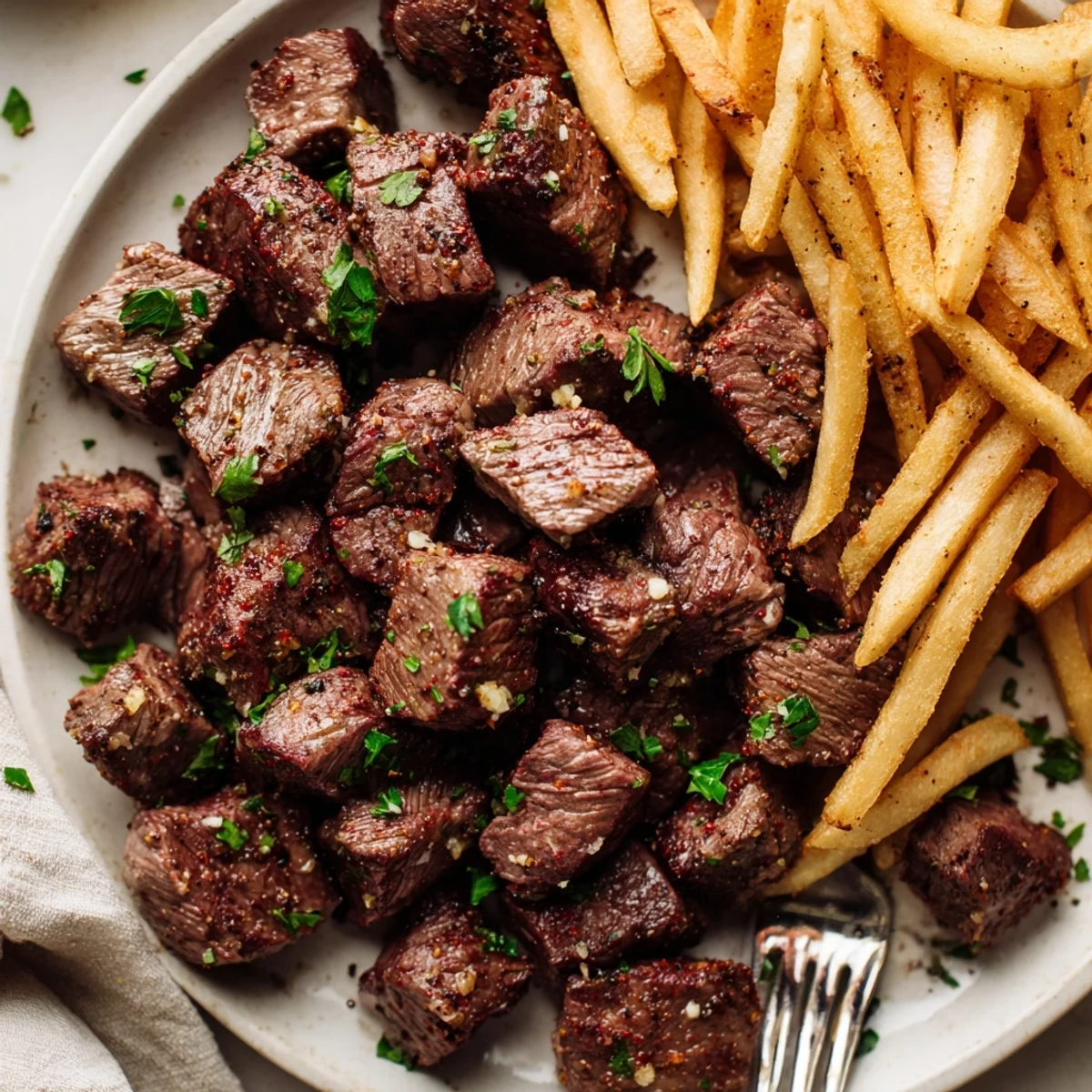 Juicy blackened Cajun steak bites served with crispy fries on the side.  