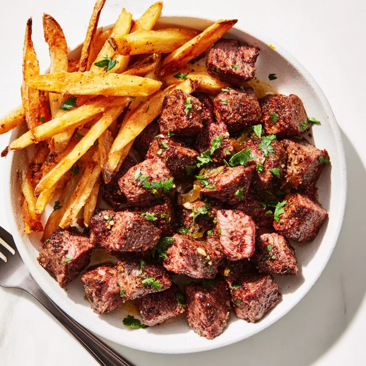 Golden, seasoned fries paired with tender blackened Cajun steak bites, ready to enjoy.