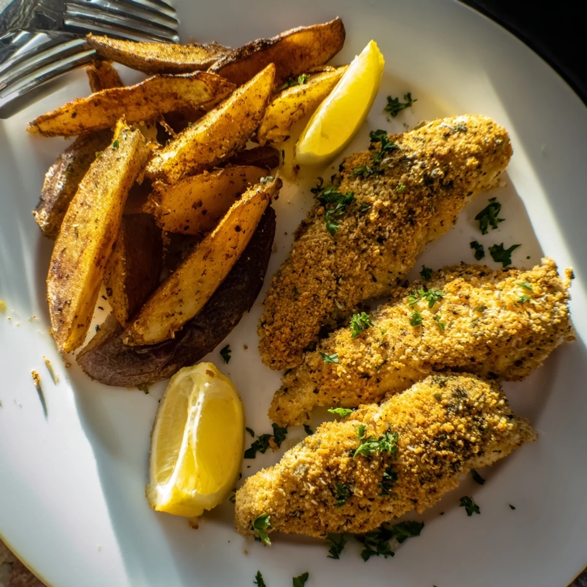 Juicy herbed chicken tenders and crispy potato wedges on a plate.  