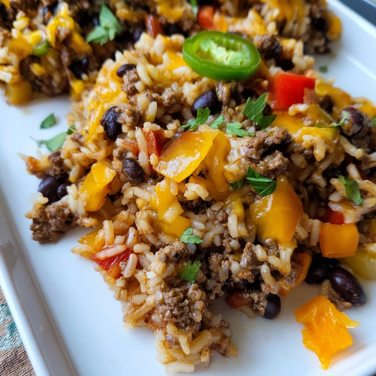 A steaming Tex-Mex Beef & Rice Casserole, topped with melted cheddar, ready to serve with fresh cilantro.