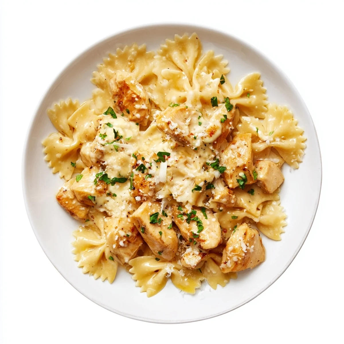 Bowtie pasta, chicken, and melted mozzarella in a pan showcase this Mozzarella Garlic Butter Chicken Bowties.