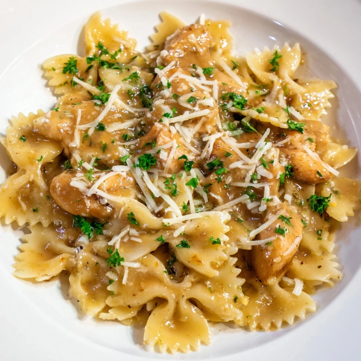 Imagine fragrant garlic butter sauce coating the delicious Mozzarella Garlic Butter Chicken Bowties we've prepared.