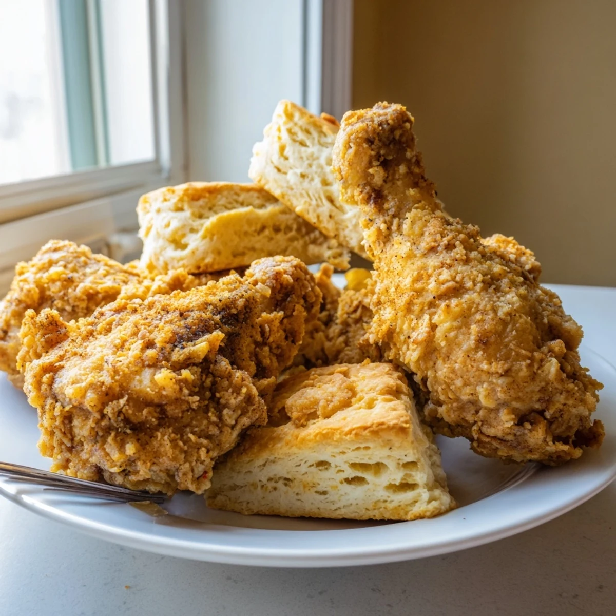 Fluffy buttermilk biscuits alongside juicy Southern Fried Chicken; a comforting meal perfect to share.