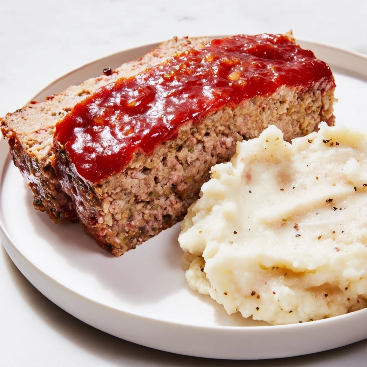 Sizzling, glazed Classic Meatloaf & Mashed Potatoes, steaming hot, an American comfort food classic.
