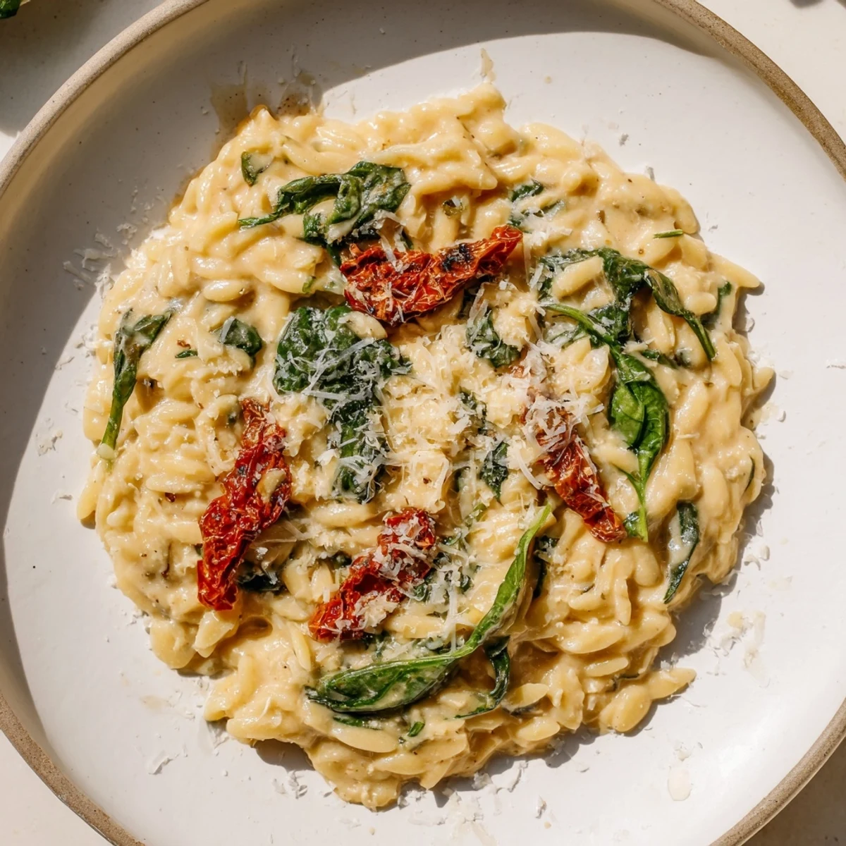 Creamy Tuscan Orzo Bowl: A vibrant image of the finished creamy orzo, ready to be enjoyed as a comforting vegetarian meal.