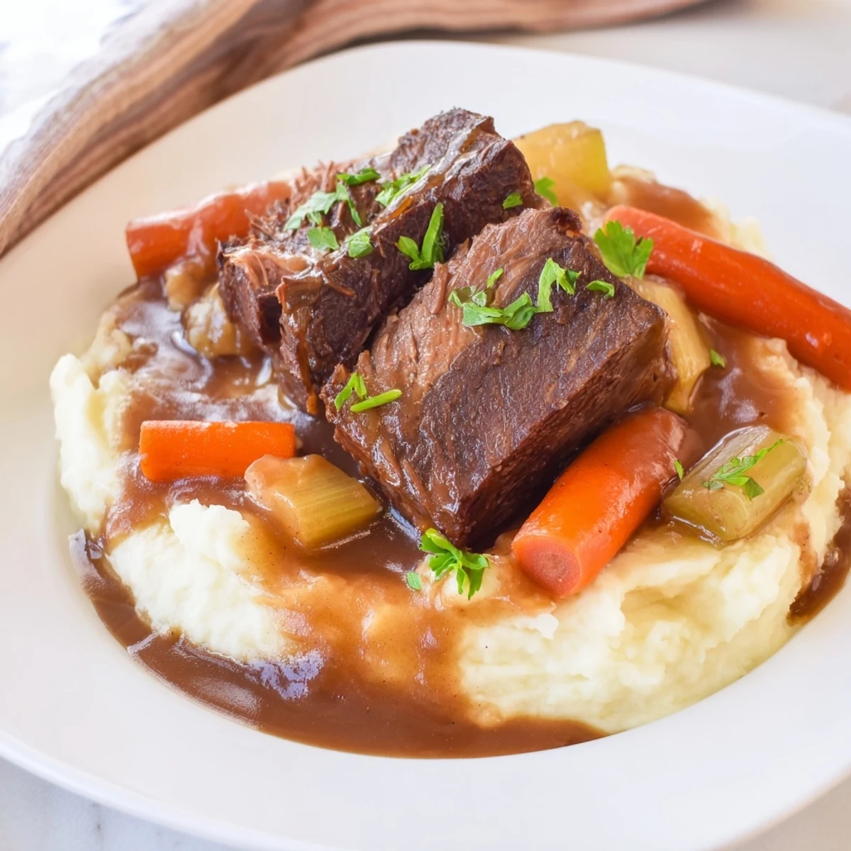 Fork-tender beef pot roast, richly sauced, served alongside fluffy, creamy mashed potatoes for dinner.
