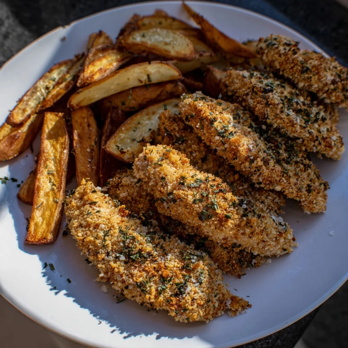Golden, crispy potato wedges alongside perfectly cooked herbed chicken tenders; a flavorful American meal.