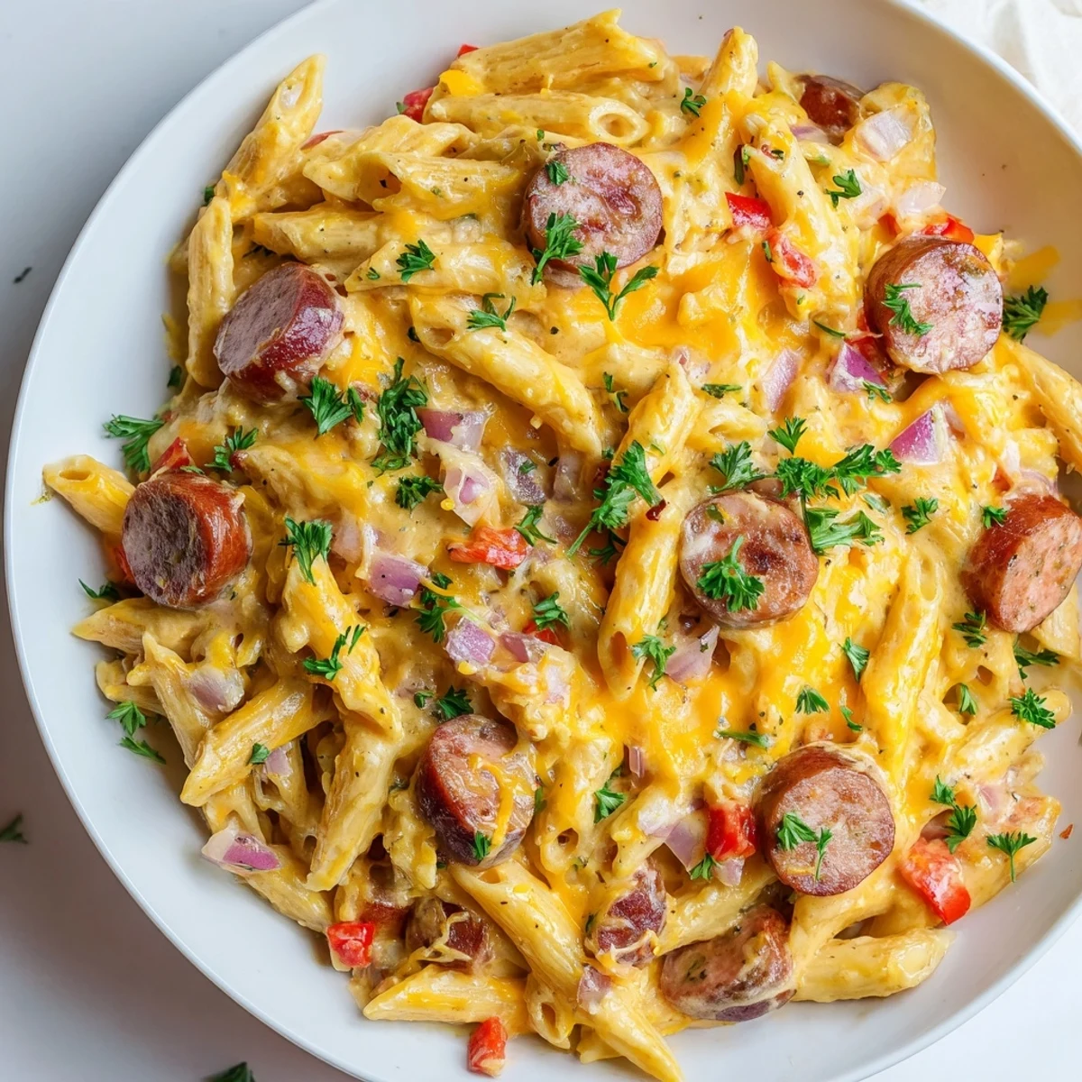 This warm Smoked Sausage & Cheddar Pasta Bake shows a rich, cheesy casserole perfect for dinner.
