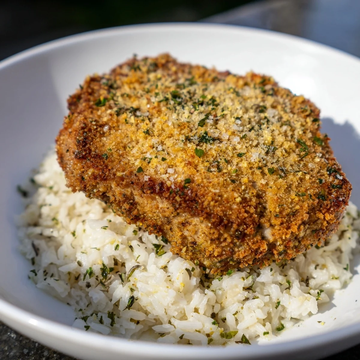 Golden-brown Parmesan Herb Pork Chops served alongside fluffy rice, a satisfying American main.