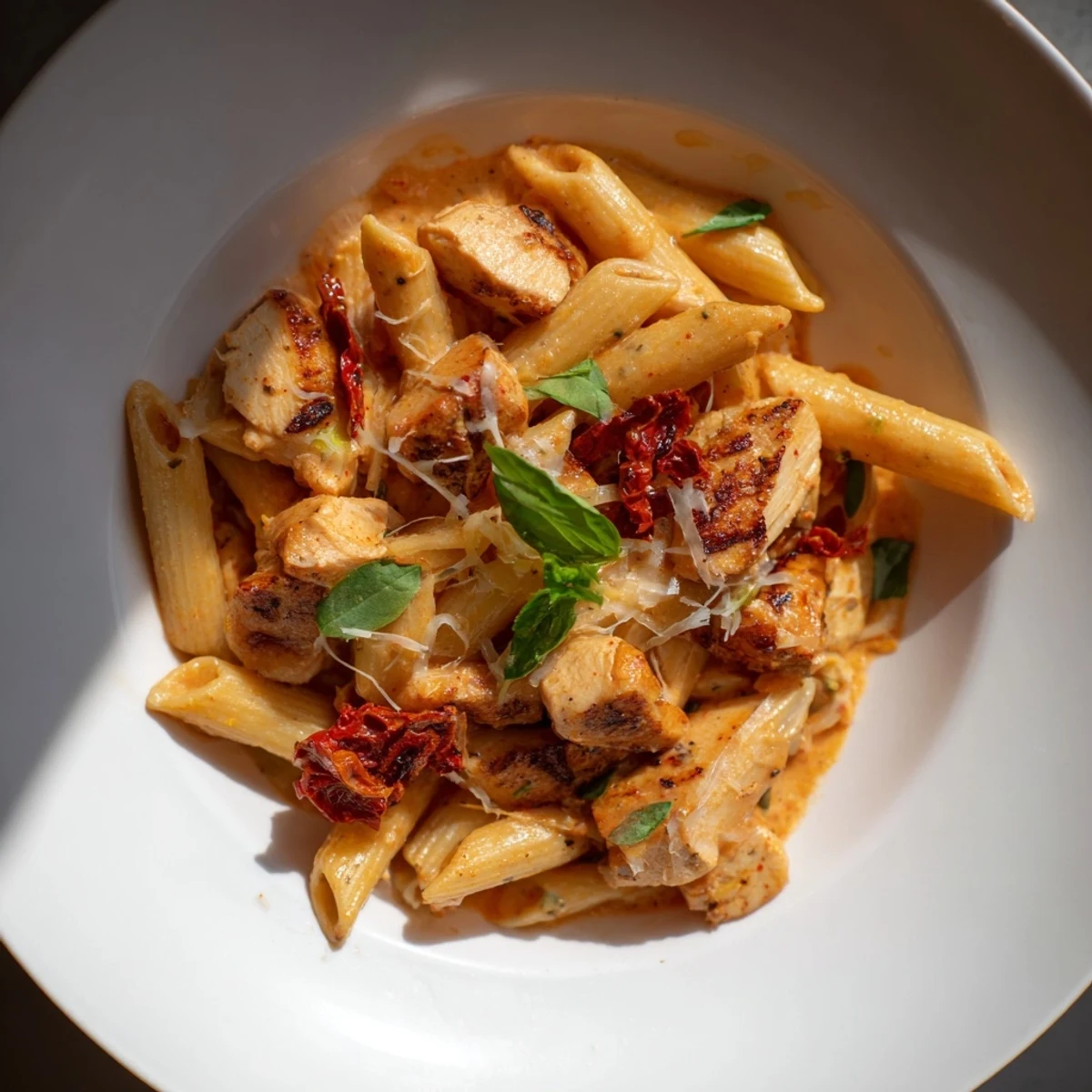 Creamy Tomato Basil Chicken Pasta: a close-up of pasta with tender chicken and vibrant basil garnish.