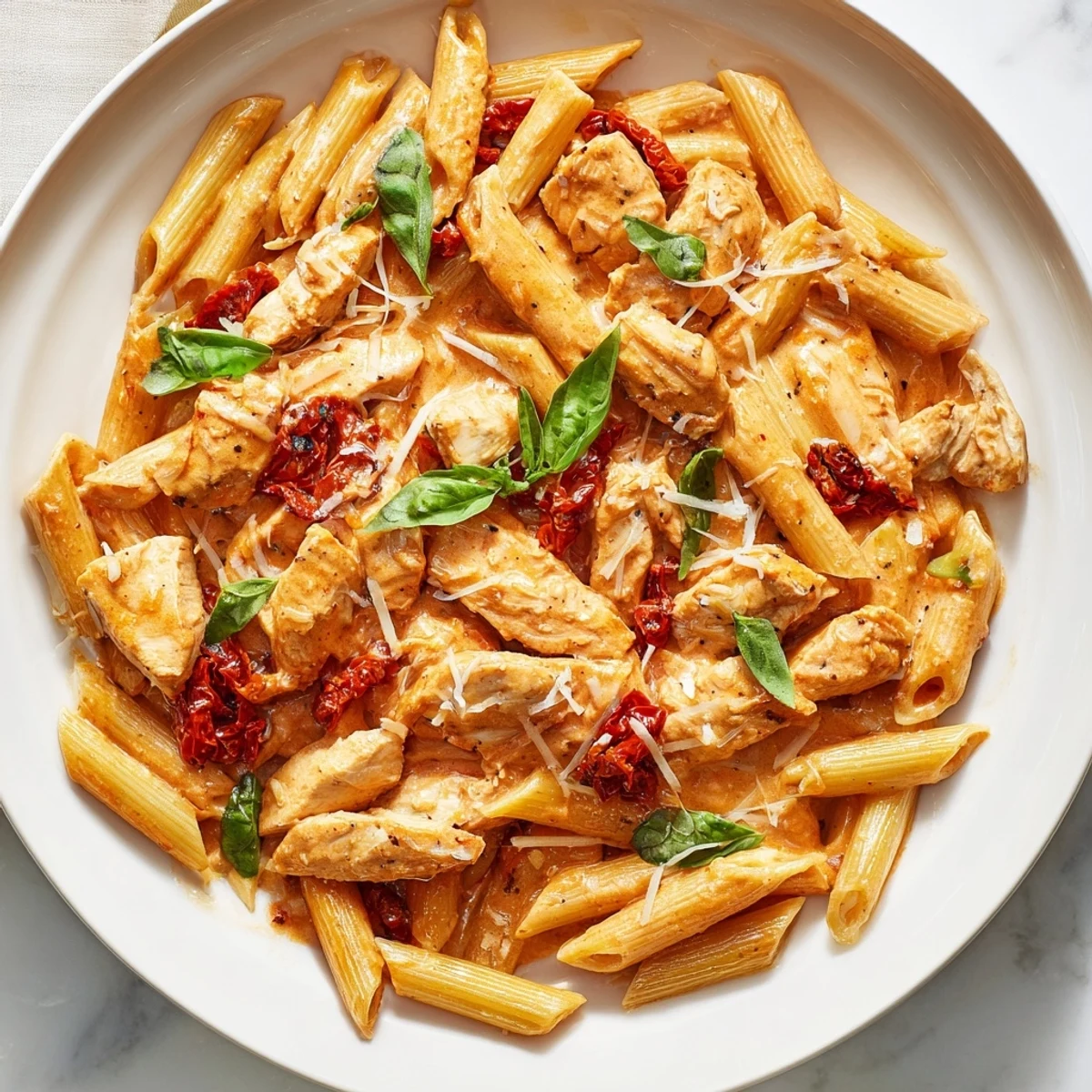 Fragrant, finished Creamy Tomato Basil Chicken Pasta ready to be served, topped with fresh basil and Parmesan.