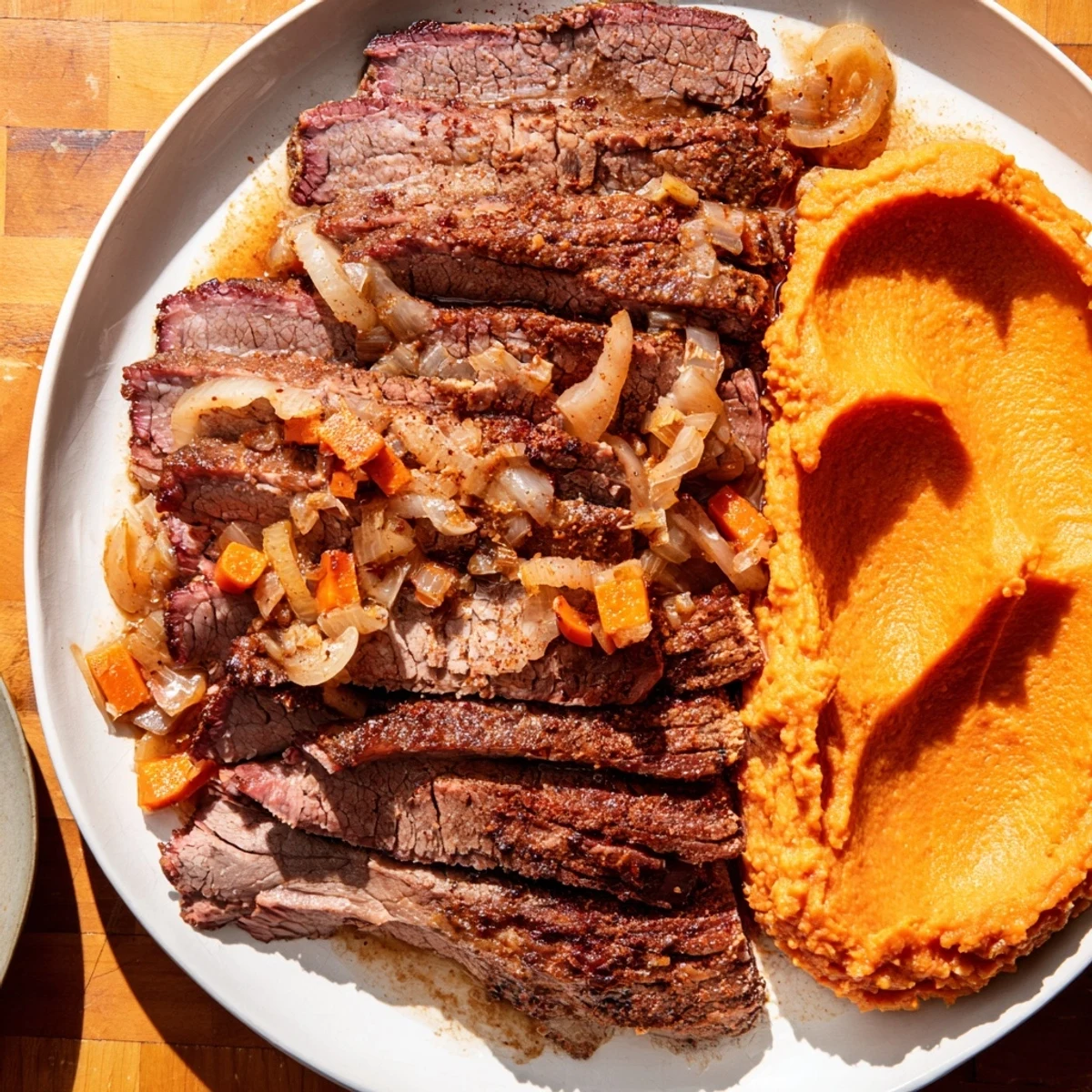 Tender slices of Classic Brisket served with fluffy, golden mashed sweet potatoes.