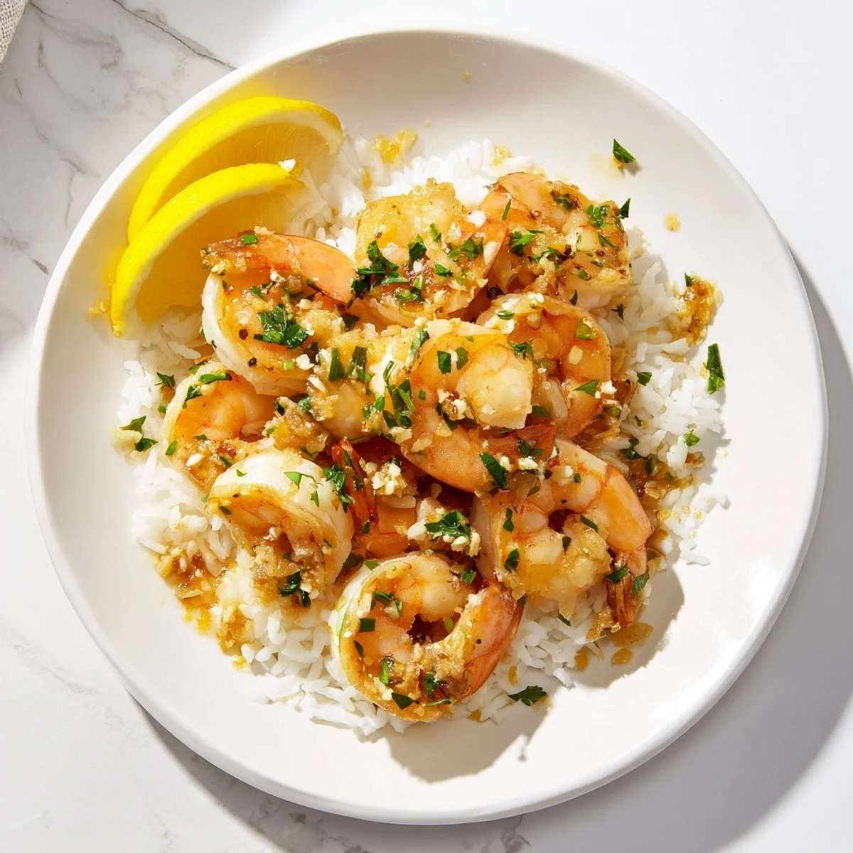 Vibrant image of Garlic Butter Shrimp Rice Bowl: tender shrimp glistening with butter, served on top of rice.