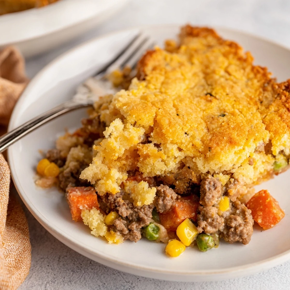Golden-brown cornbread crust tops a savory beef filling, the Cornbread Crusted Beef Pie is ready to serve.