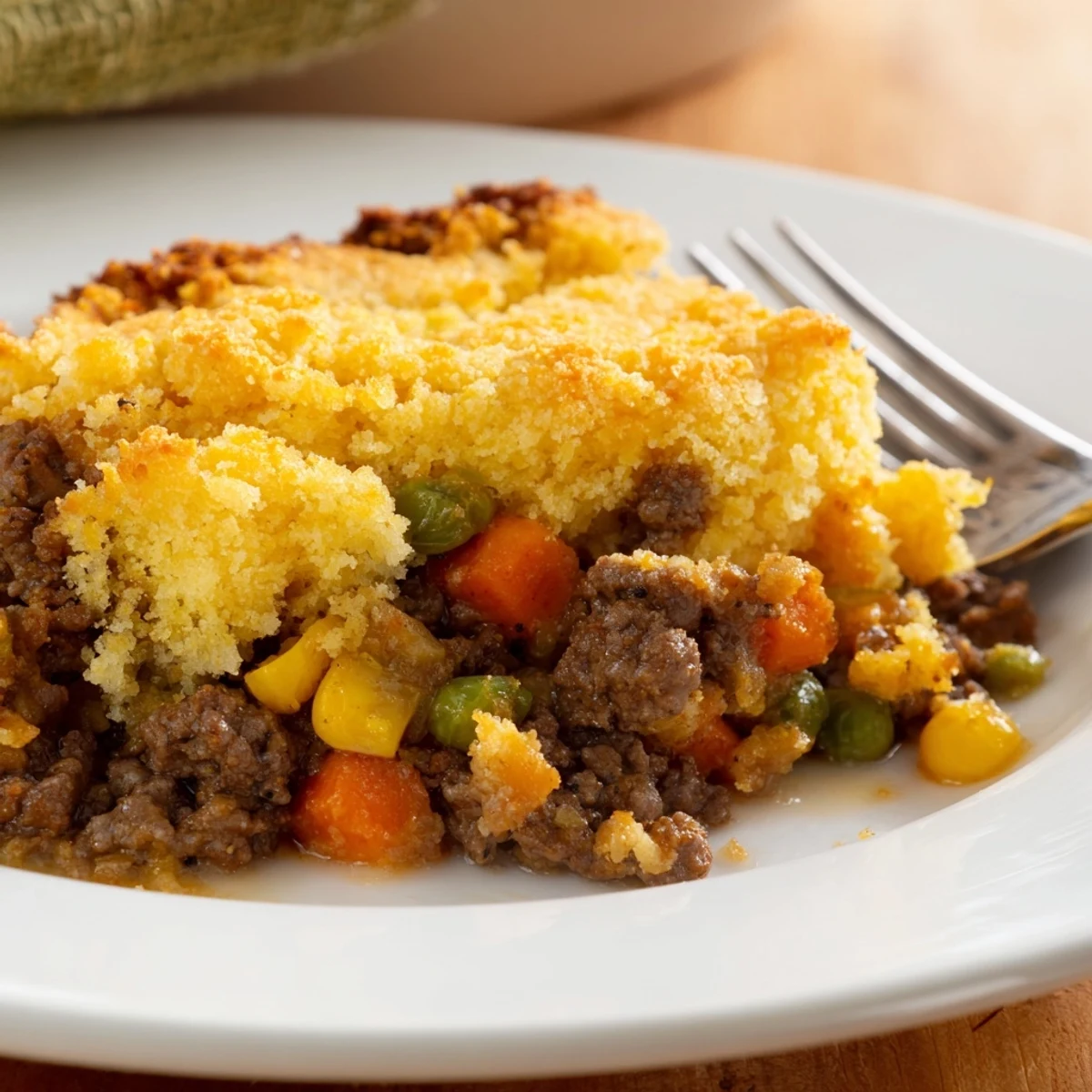 A close-up shows the delightful, crumbly cornbread on the flavorful, hearty Cornbread Crusted Beef Pie.