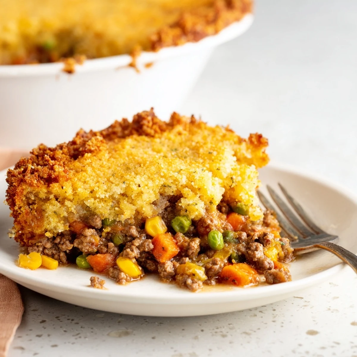 Steaming Cornbread Crusted Beef Pie: a warming, comforting family meal with beef and vegetables inside.