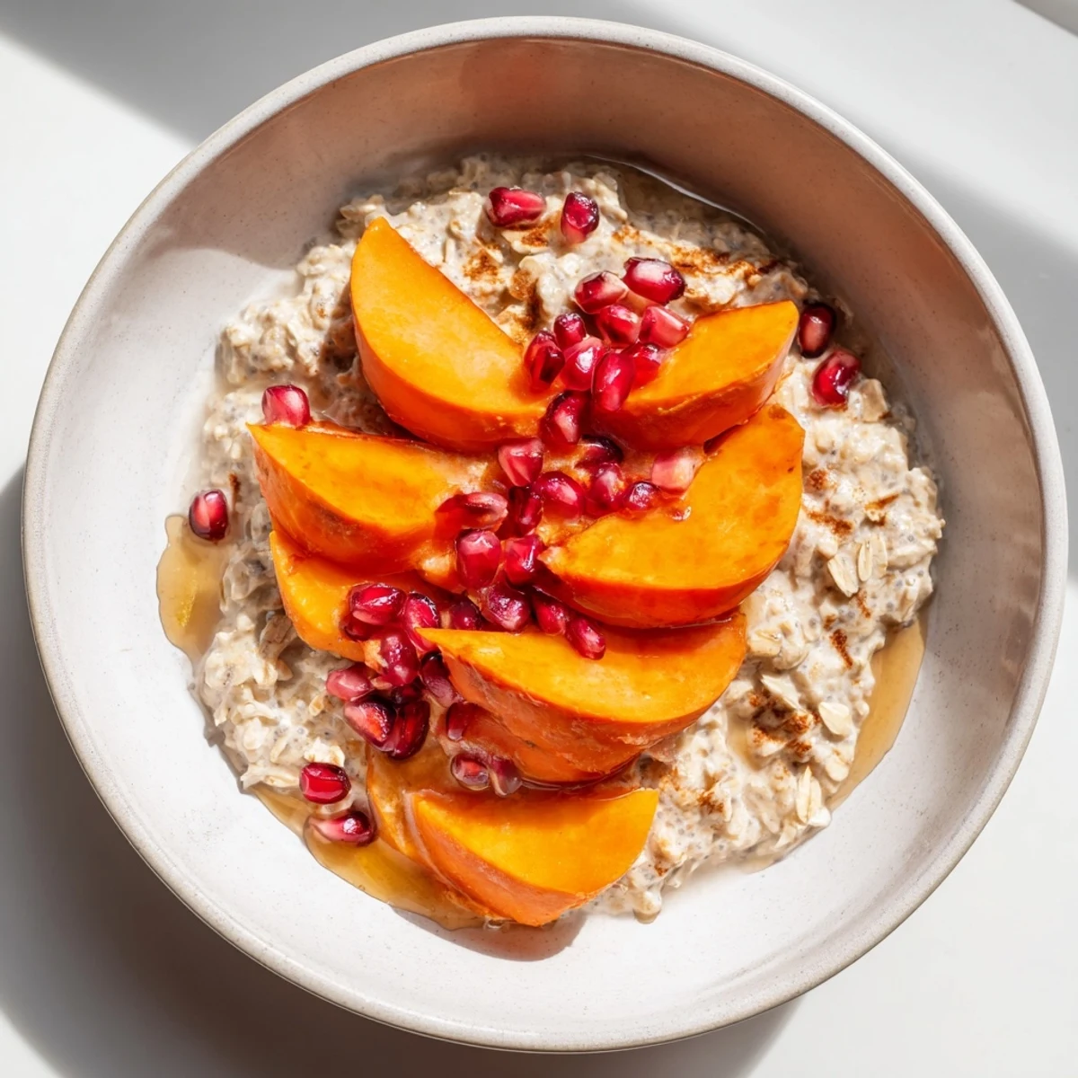 Overnight Oats with Persimmon, a layered breakfast with vibrant pomegranate and chia seeds, looks delicious.