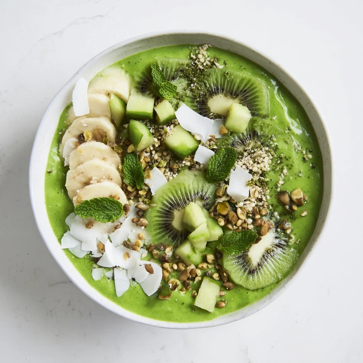 Fresh Green Smoothie Bowl with kale and hemp seeds is topped with slices of kiwi and cucumber.