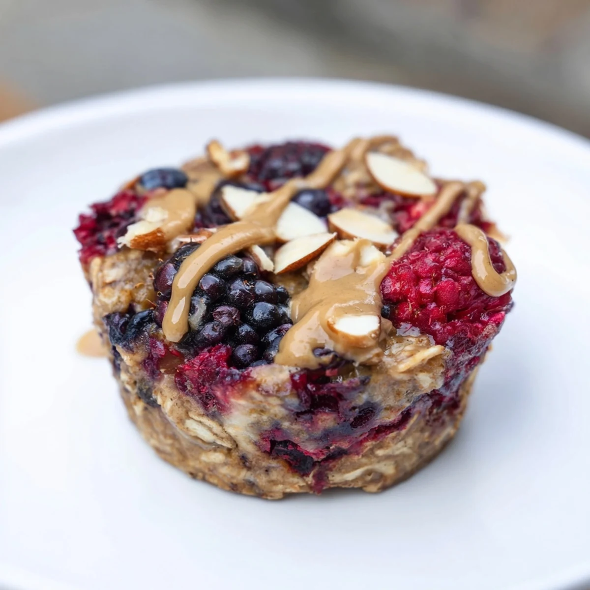 Golden-baked oatmeal cups with juicy winter berries and a swirl of creamy almond butter, ready to eat.