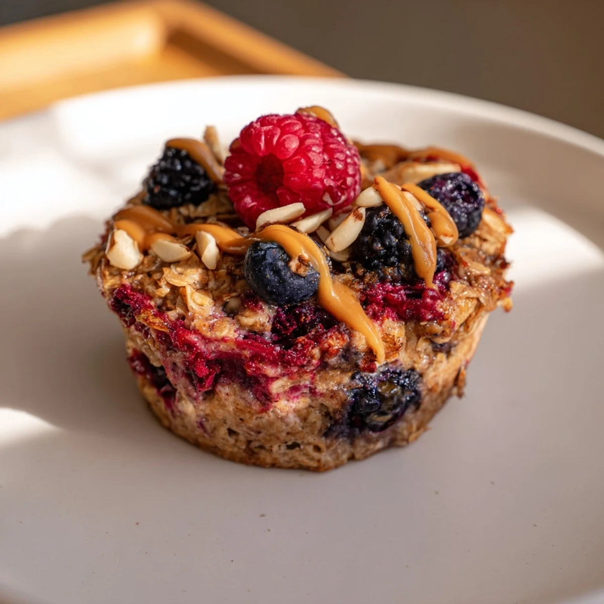 Close-up of baked oatmeal cups, showing a delightful mix of berries baked into each flavorful bite.