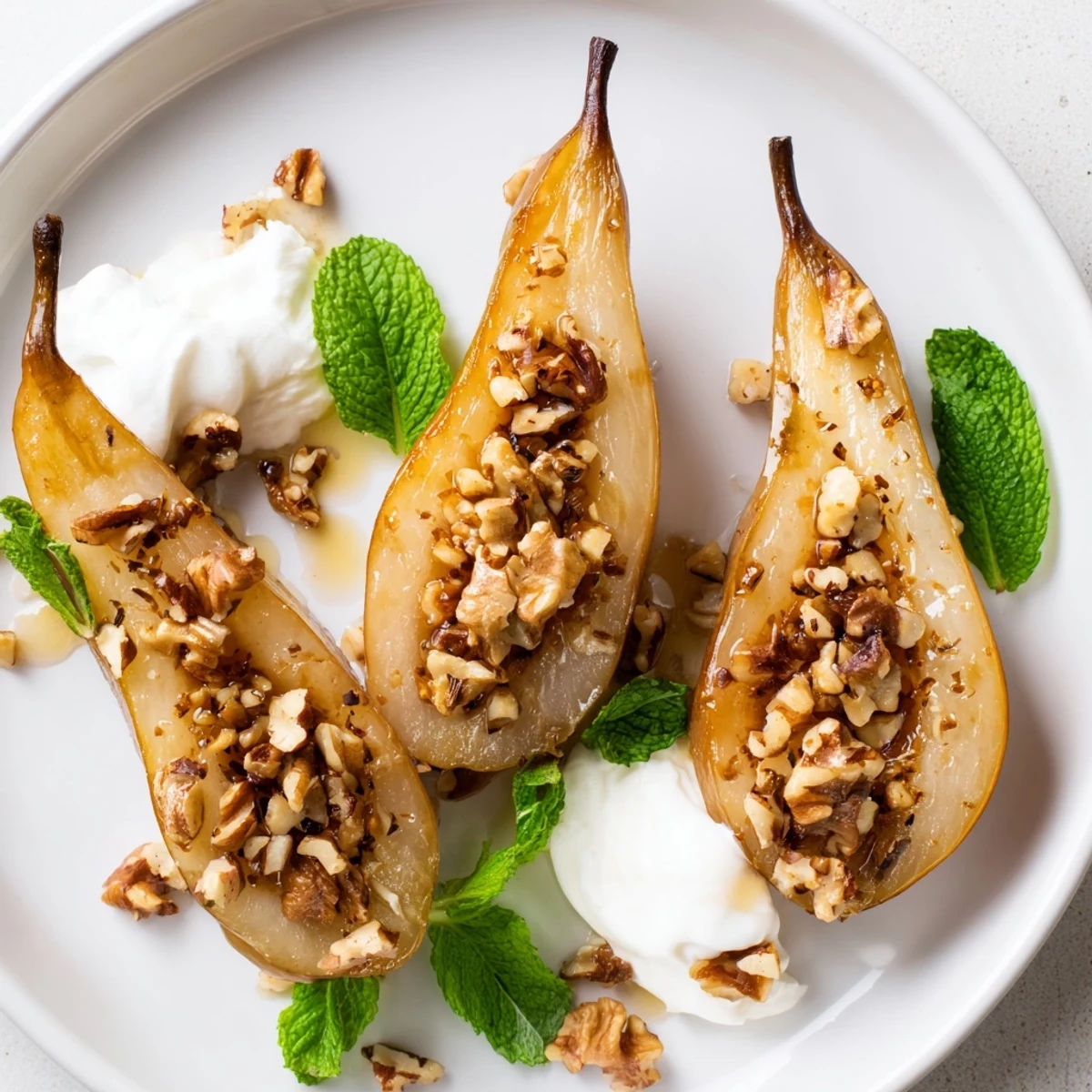 Warm roasted pears with cinnamon, walnuts, and Greek yogurt, a delightful dessert.