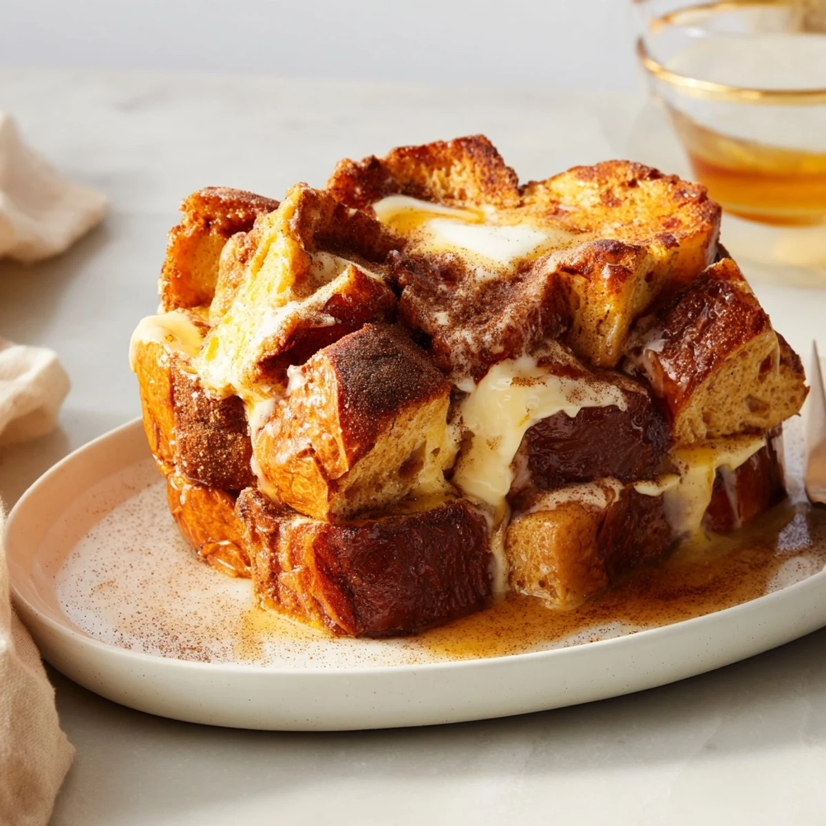Warm, custardy French Toast Bake topped with a cinnamon-sugar crust, ready to serve with berries.