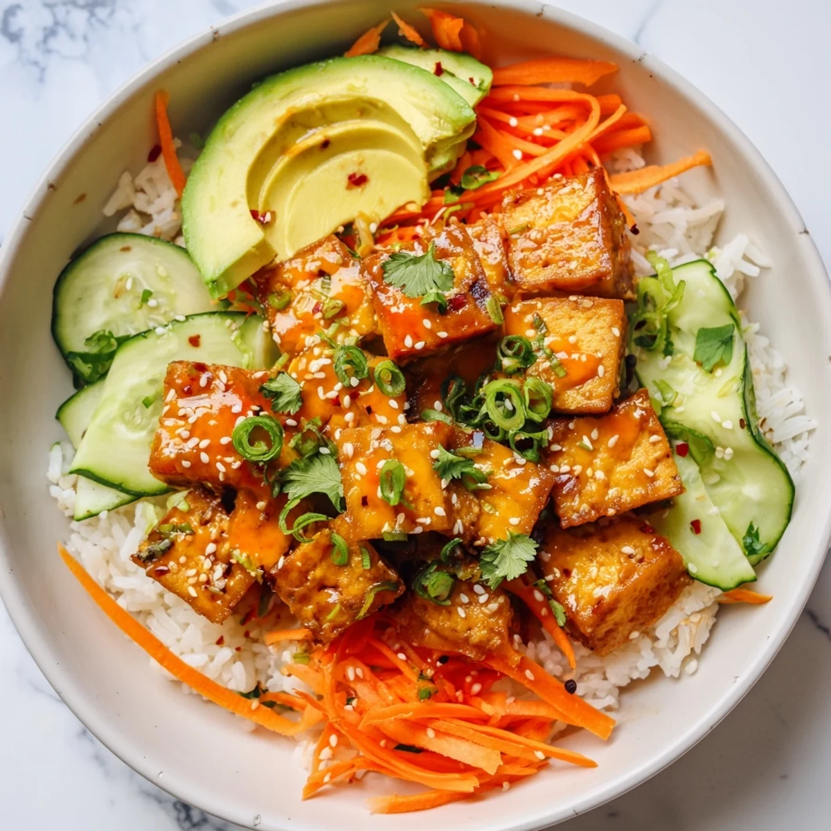 Close-up shot shows steaming, spicy chili-mayo tofu bowls with fresh carrots and creamy avocado.