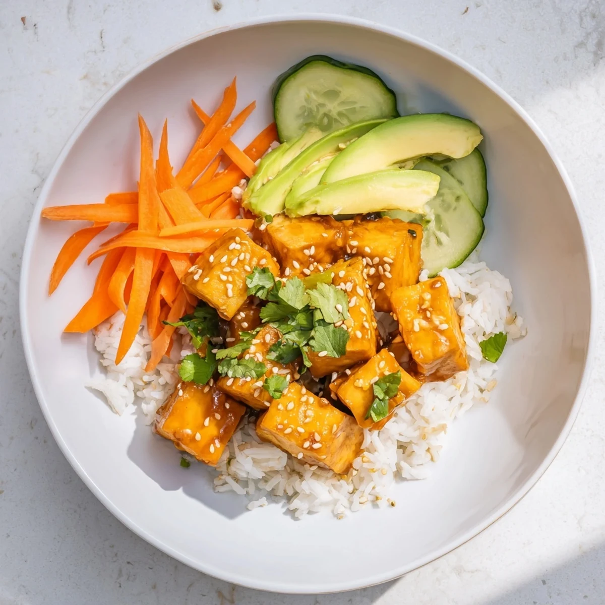 Golden, crispy chili-mayo baked tofu glistening, served generously over fluffy rice and fresh veggies.