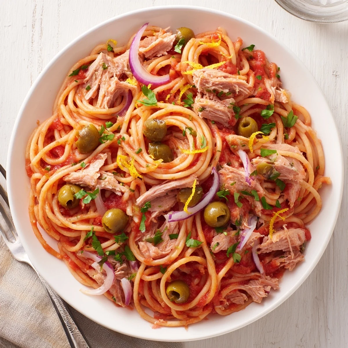 Warm pasta with tuna, olives, and capers, garnished with fresh parsley and lemon zest.