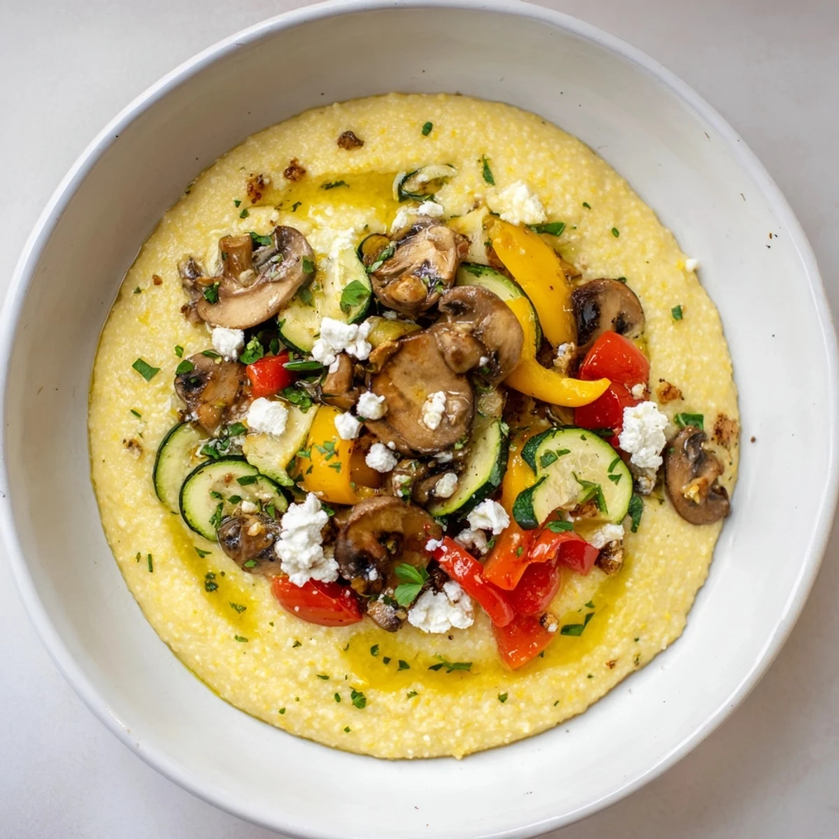 Creamy Cornmeal Mush Polenta Bowls with roasted vegetables and a fried egg, ready to enjoy.