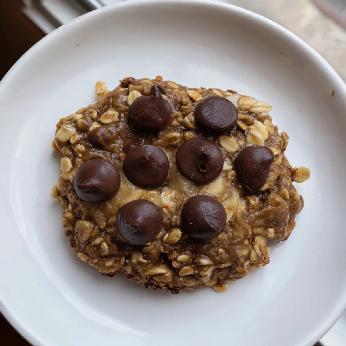 Close-up of soft and chewy Oat-Banana Chocolate Chip Cookies, studded with chocolate chips.