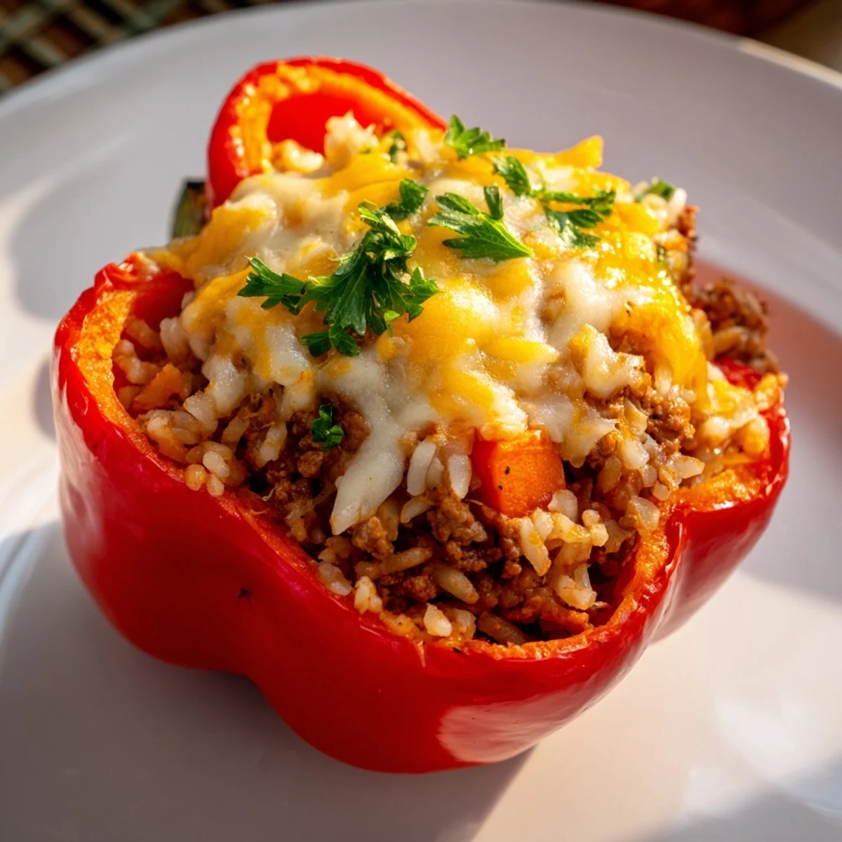 Golden-brown Stuffed Peppers with ground turkey, a comforting baked American meal, ready to serve.