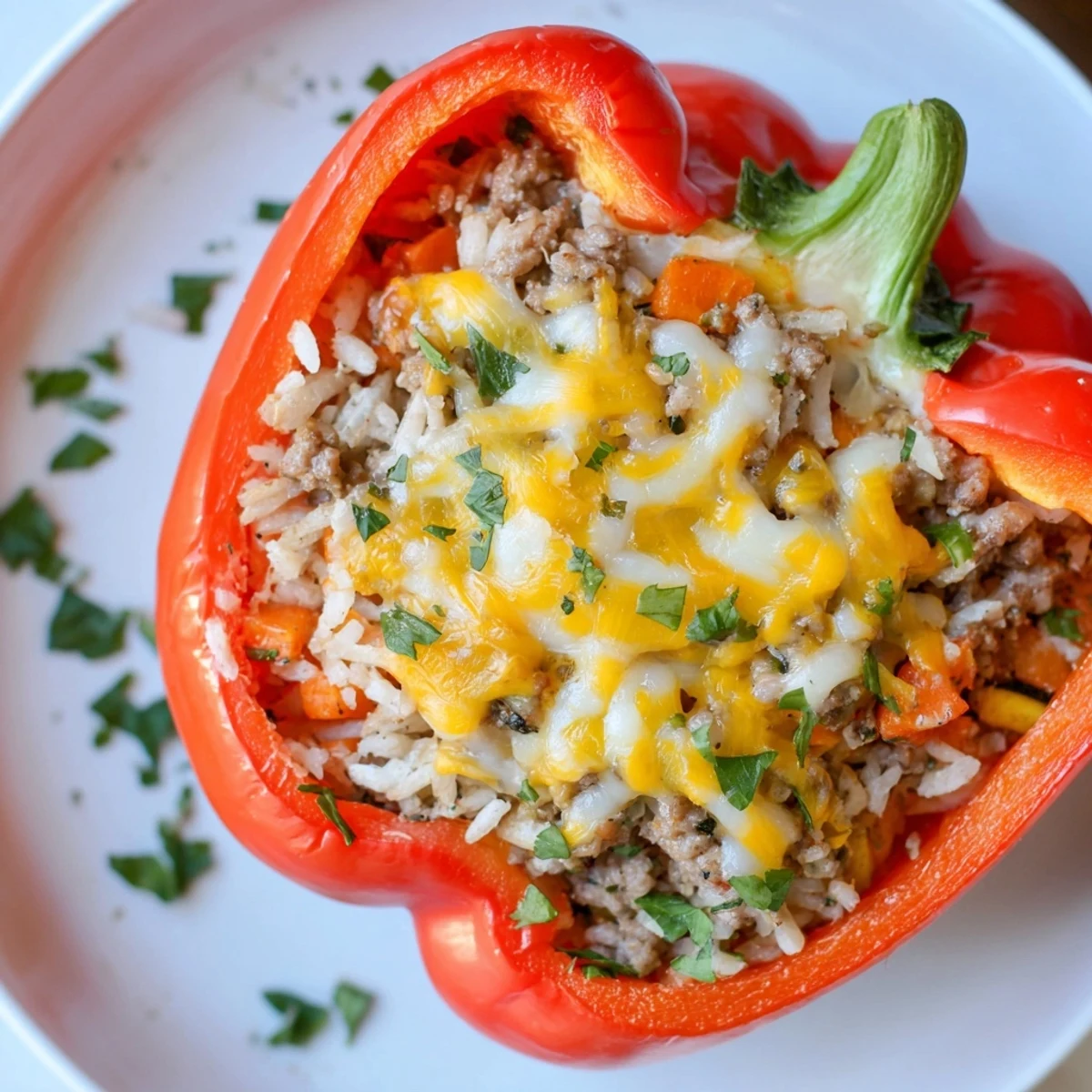 Steaming hot Stuffed Peppers, topped with melted cheese, promising a wholesome and delicious American dinner.