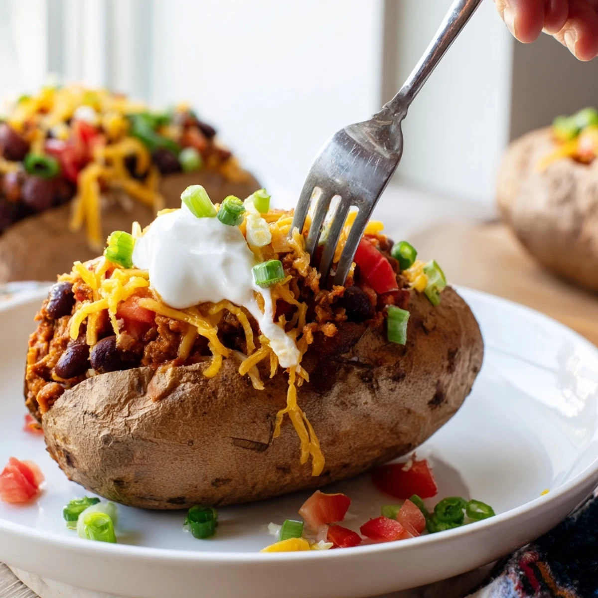 Golden-brown skin encases the fluffy loaded baked potato overflowing with savory chili and cheese.