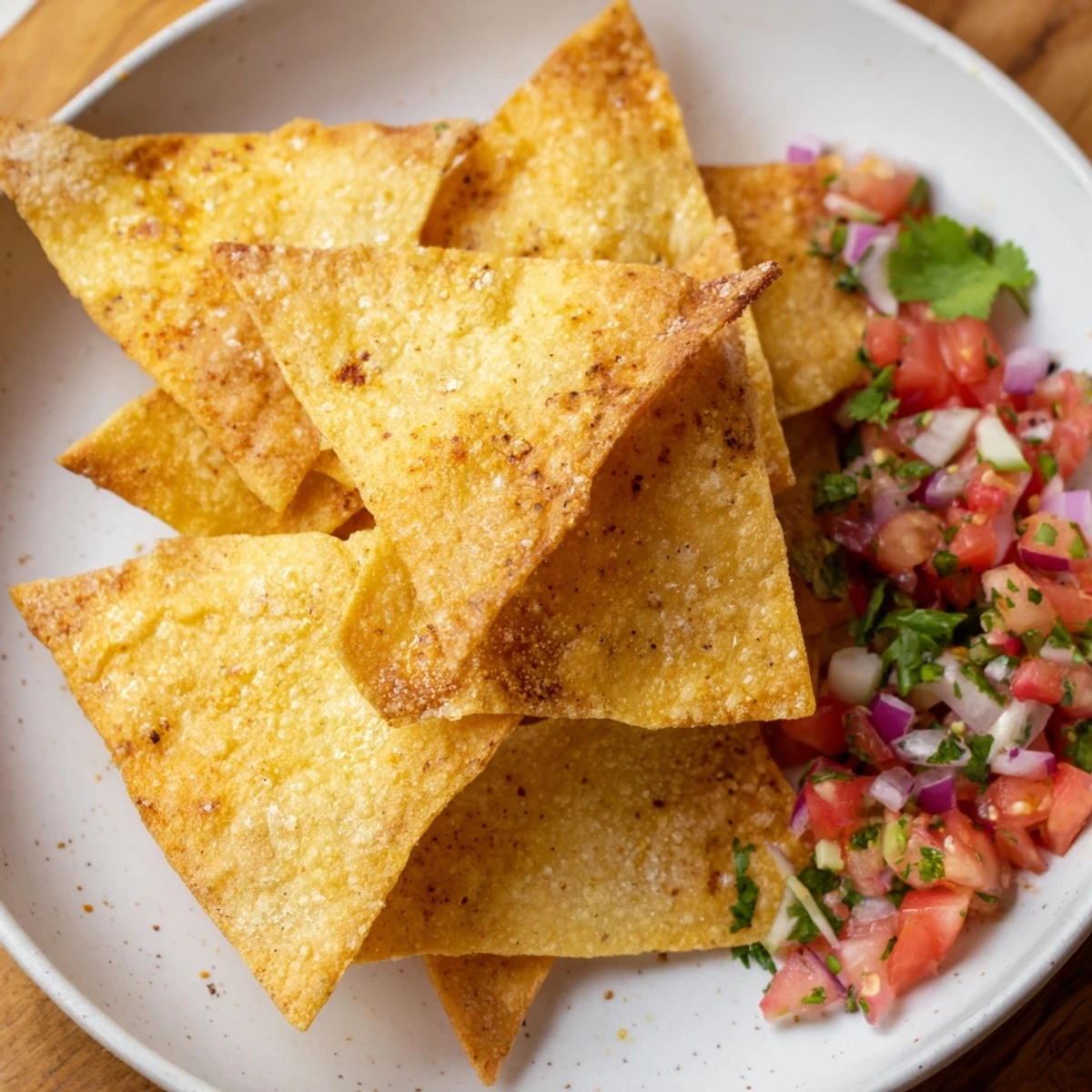 Crispy air-fryer tortilla chips, seasoned with chili powder, ready to be dipped in flavorful homemade salsa.
