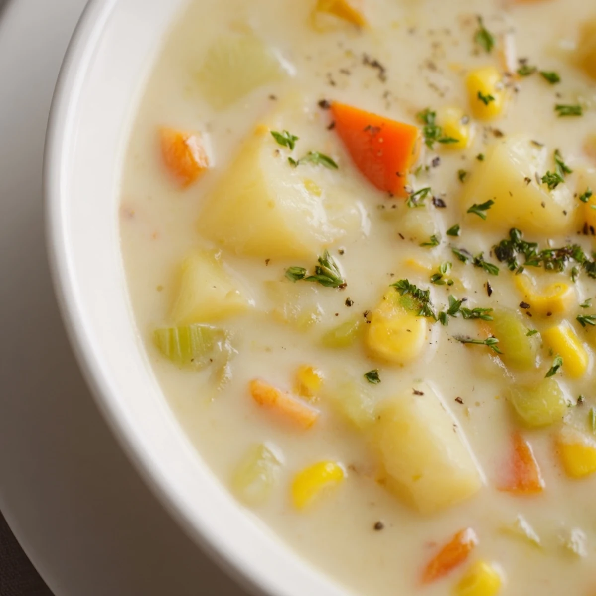 A steaming bowl of Corn & Potato Chowder, garnished with fresh herbs, ready to savor.