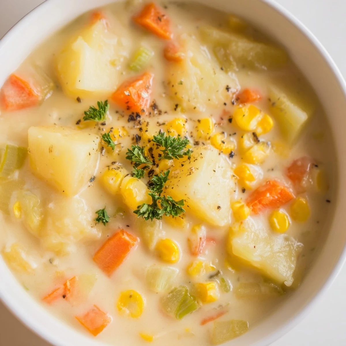 Hearty Corn & Potato Chowder, featuring sweet corn and vegetables in a flavorful, creamy soup.