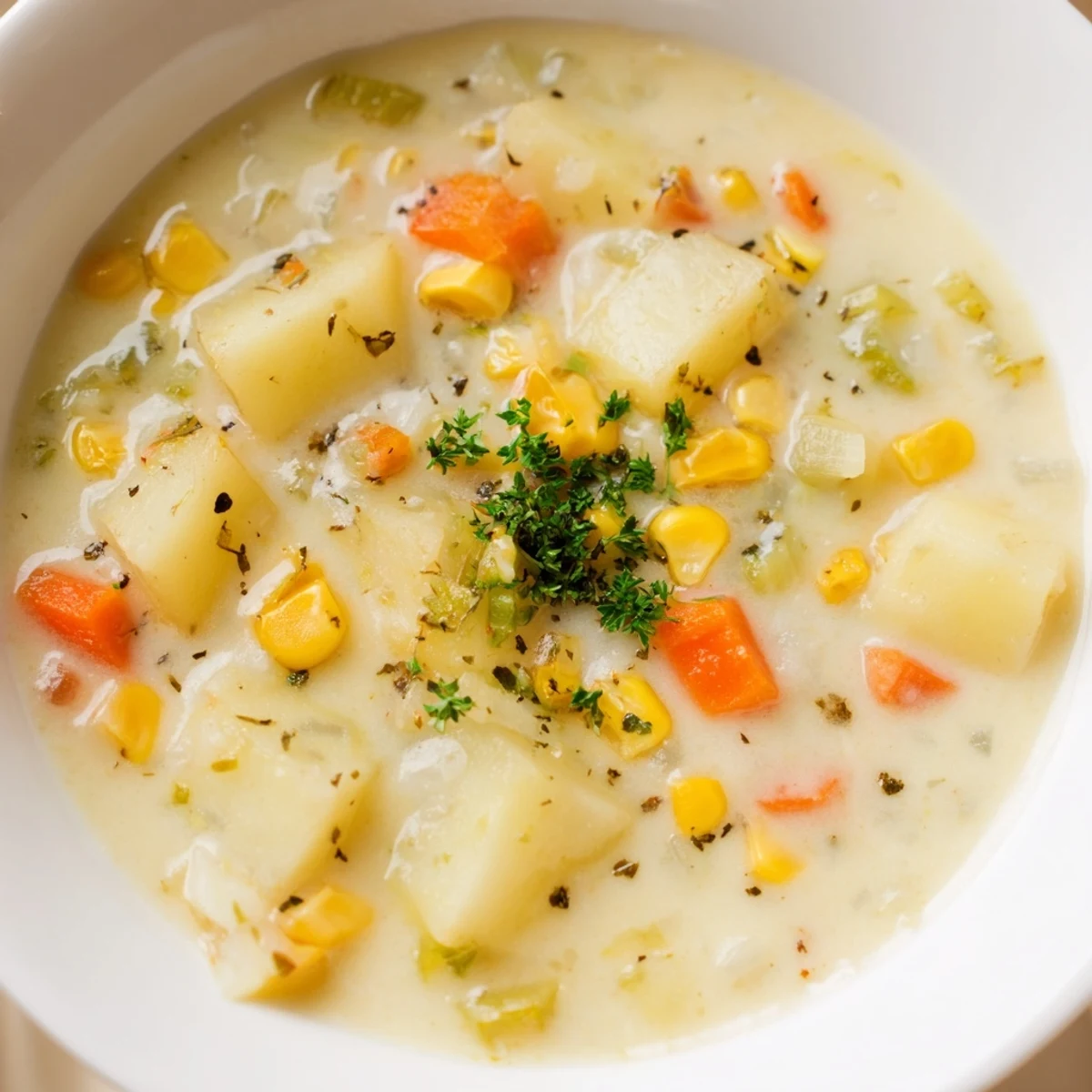 Creamy Corn & Potato Chowder with tender potatoes, perfect for a cozy, comforting supper.