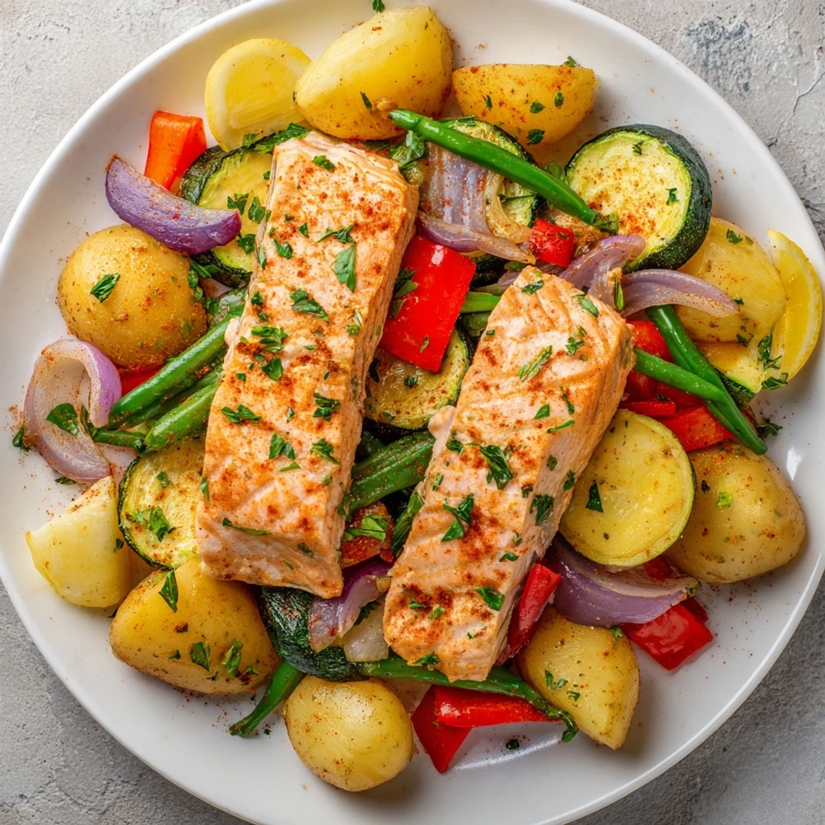 A colorful, one-pan Salmon & Potato Skillet showcases perfectly cooked salmon with roasted vegetables.