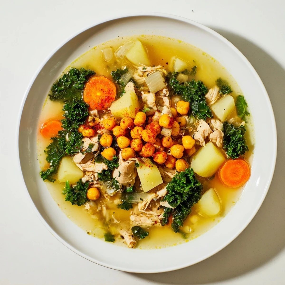 A steaming bowl of Chicken Kale Soup with crispy chickpeas, a comforting American classic.