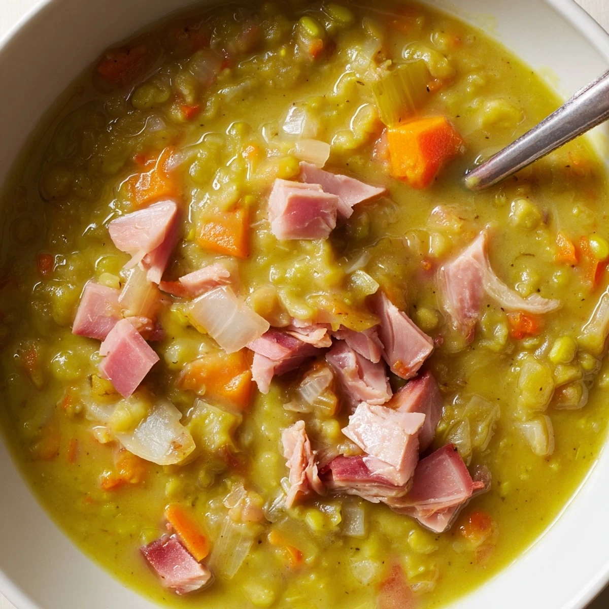 Steaming bowl shows Hearty Split Pea and Ham Soup, rich green, with ham chunks and served hot.