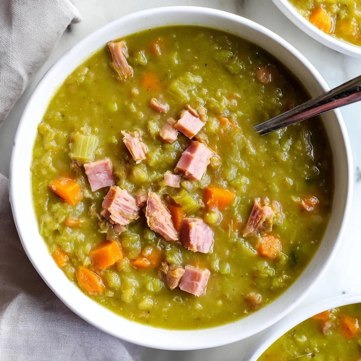 Close-up of bubbling Hearty Split Pea and Ham Soup, with carrots and peas visible in the broth, delicious.