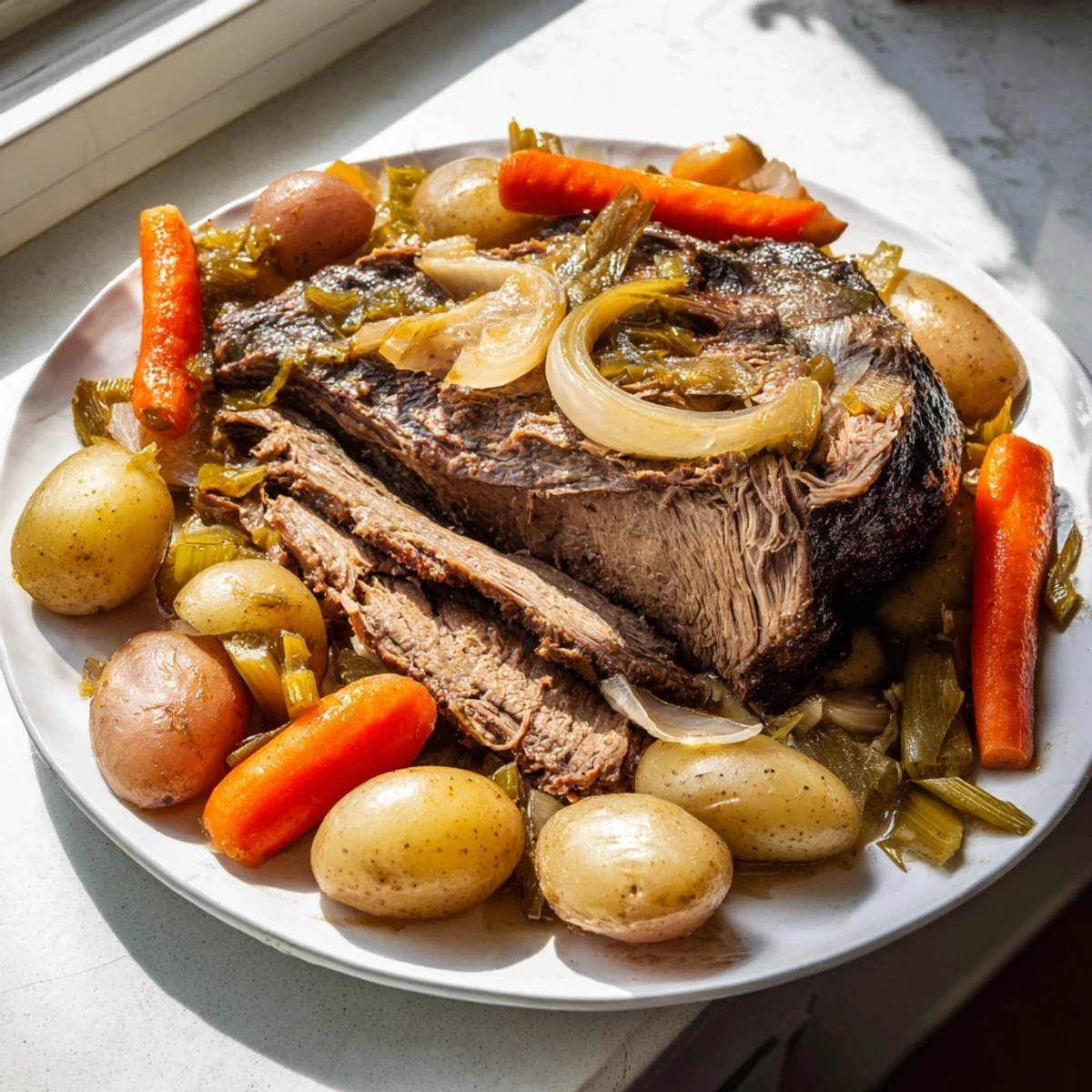 Savory Pickle Brine Pot Roast shredded and served with rich pan juices and colorful, roasted vegetables.