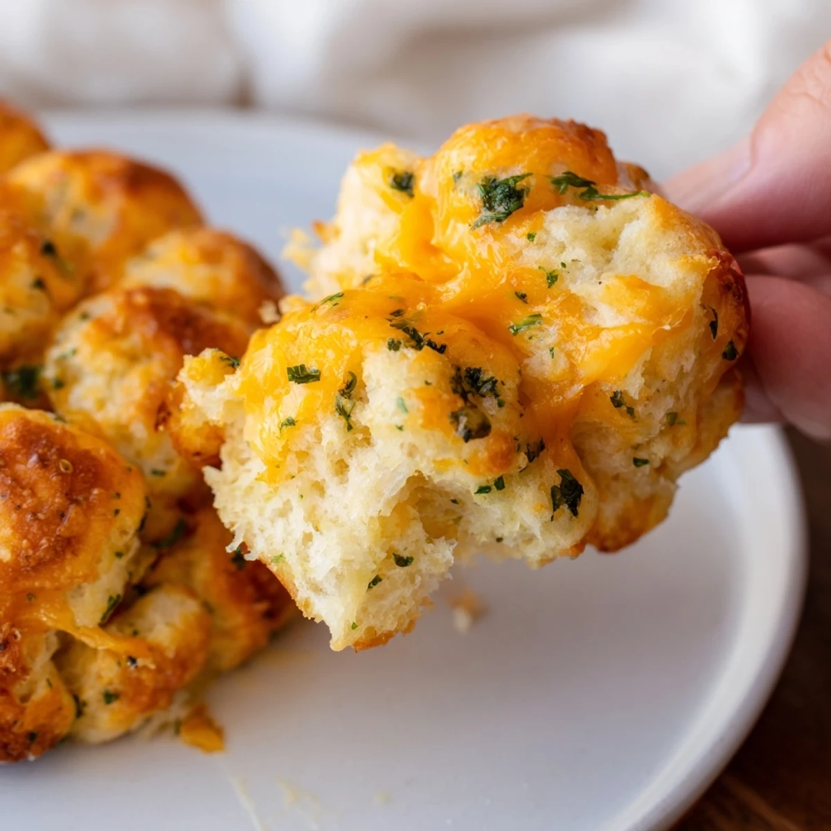 Warm, golden-brown Mini Cheddar Bay Biscuit Pull-Aparts, ready to share, smell of savory garlic.