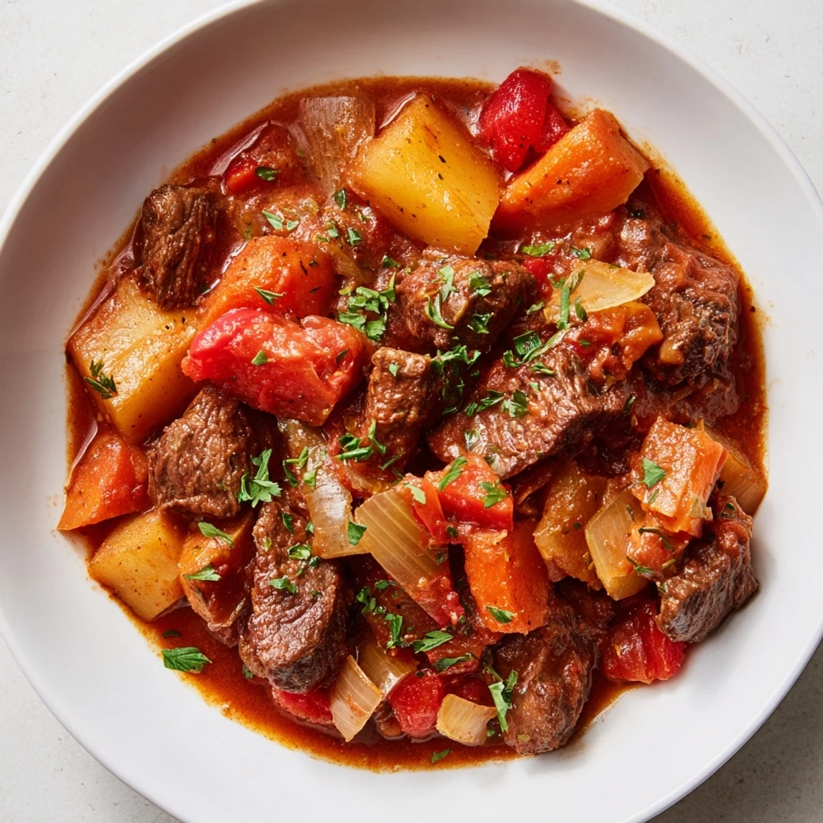 A close-up of a rustic, flavorful Instant Pot beef stew, perfect for a cozy weeknight dinner.
