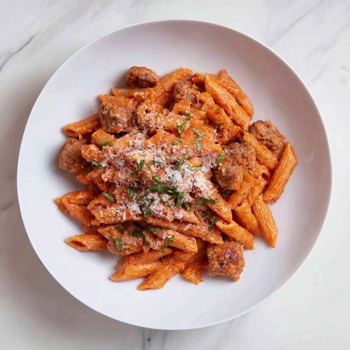 Creamy Tomato and Sausage Pasta, a luscious dish with bubbly sauce, sausage crumbles, and Parmesan cheese.