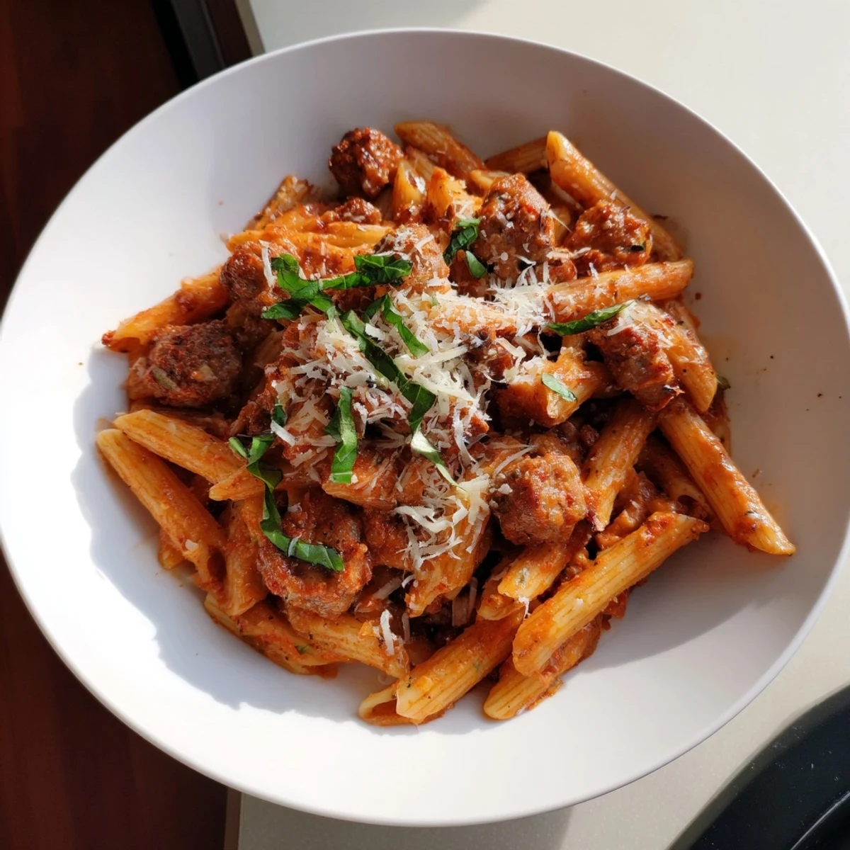 Enjoy a comforting bowl of delicious Creamy Tomato and Sausage Pasta, ready in minutes for dinner tonight.