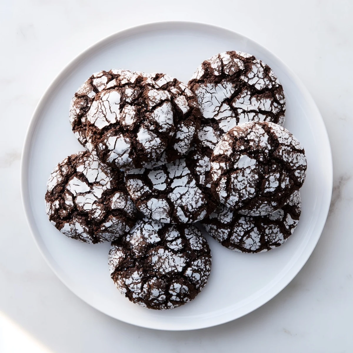Warm, crackled Chocolate Crinkle Cookies, dusted in powdered sugar, ready to be enjoyed with milk.