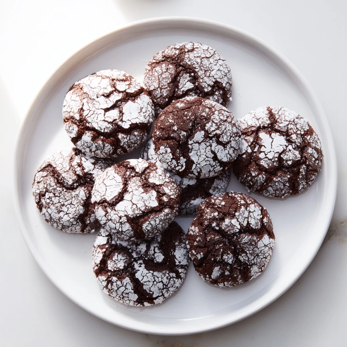 Chewy-centered Chocolate Crinkle Cookies with a beautiful, snow-dusted exterior, perfect for any dessert platter.